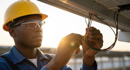 Closeup of an electrician wearing a yellow hard hat and safety glasses, carefully connecting wires on a solar panel installation during the day