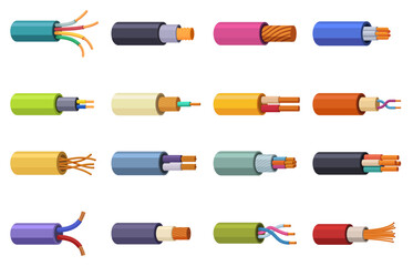 Electrical copper wires. Cartoon cables and electric conductors with insulation. Industrial elements, energy power cable, household and industry, sapid vector set