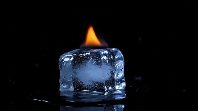 A captivating close-up shot captures the mesmerizing sight of a vibrant orange flame burning steadily atop a rugged, crystalline ice cube, set against a dramatic, reflective black background. This pow