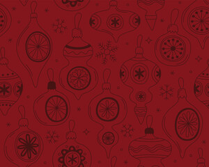 Christmas seamless pattern, doodle outline illustrations of vintage Christmas toys on dark red background. Design for festive wrapping paper, textile, print.