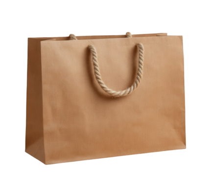 A simple brown paper shopping bag with rope handles, isolated on a transparent background, perfect for retail, gift, or product packaging concepts