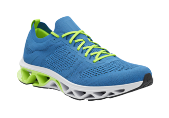 Isolated blue running shoe with lime green details for fitness and athletic lifestyle