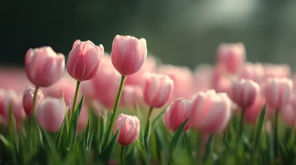 Pink Tulips in Bloom: A close-up view of a field of vibrant pink tulips in full bloom, showcasing the delicate beauty of springtime.