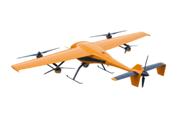 Isolated orange VTOL drone aircraft, futuristic aviation technology for delivery solutions