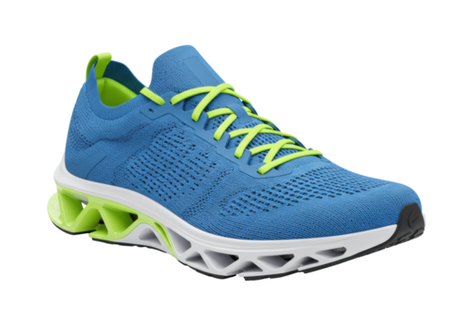 Isolated blue running shoe with lime green details for fitness and athletic lifestyle