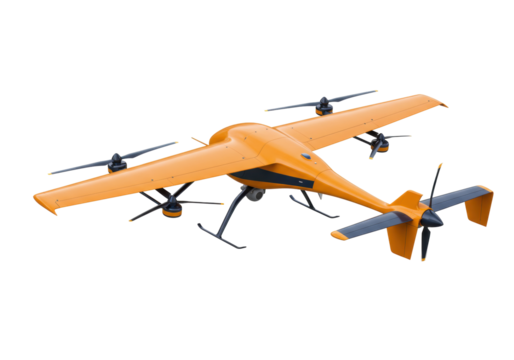 Isolated orange VTOL drone aircraft, futuristic aviation technology for delivery solutions