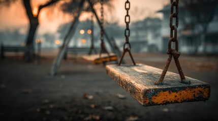 Empty swings in playground at sunset