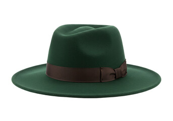 Isolated forest green hat with brown band and a relaxed fit for wearing outdoors