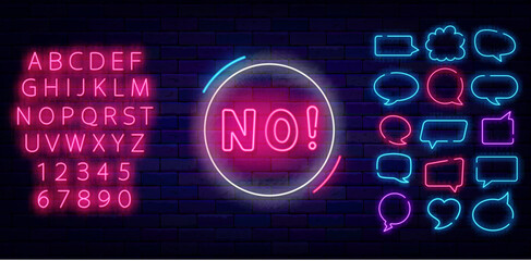 No neon emblem. Denial and fail. Online chat message. Glowing pink alphabet. Speech bubble frames. Vector stock illustration
