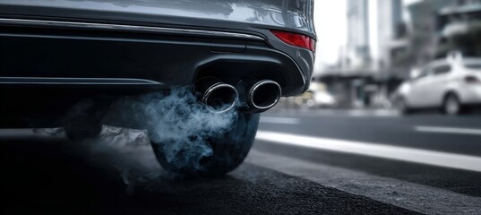 Gray car driving on roads emitting smoke and air pollution from exhaust pipes creating fumes