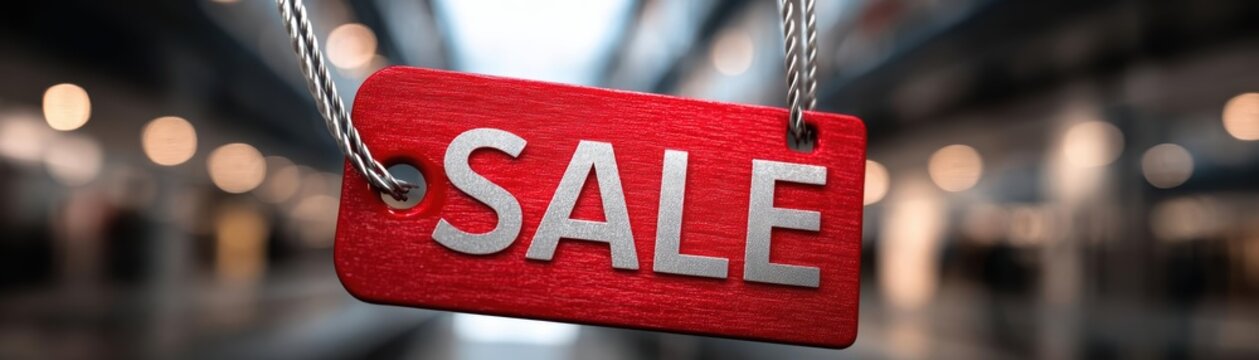 Red sale tag, vivid bold font, suspended, clear backdrop