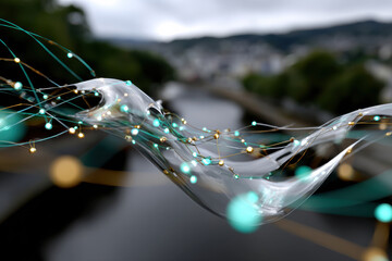 This image showcases an intricate mesh of colorful, glowing connections flowing through an abstract wave form, representing modern technology and connectivity.