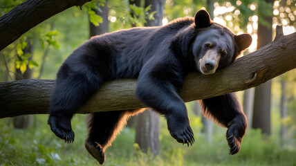 Tired Black Bear Resting on Tree Branch