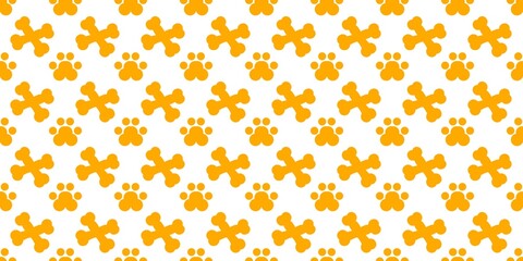 Orange dog bones and paw prints pattern.  Seamless pattern of bright orange dog bones and paw prints on a white background. Dog paw pattern. Cat paw pattern. Bear paw pattern background. 