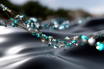 An intricate depiction of flowing connections in vibrant turquoise and white colors, representing the beauty of abstraction and the intangible relationship between elements.