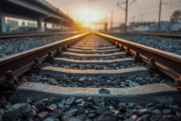 Fototapeta premium Low-angle view of railway tracks stretching into the sunset with gravel and concrete sleepers under a clear sky in an urban setting