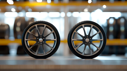 Showcasing two pristine car tires in a brightly lit indoor setting, emphasizing their sleek design and excellent condition. Perfect for automotive or sales materials.