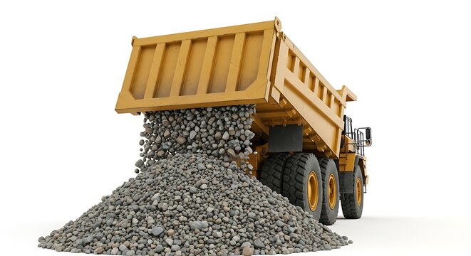 Yellow dump truck unloading gravel on a white background.