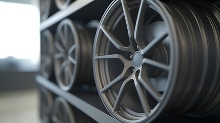 Close-up of staggered car rims on shelves, showcasing their unique design and quality. Perfect for automotive enthusiasts and businesses. Details & Craftsmanship