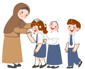 Obraz premium Indonesian junior high school Student shaking hand with teacher