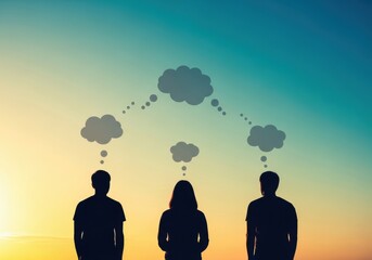 Silhouettes of three people standing against a colorful sunset sky, with thought bubbles connecting them, symbolizing communication and shared ideas