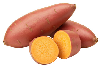 Isolated sweet potatoes whole and sliced, pile of fresh tubers, healthy food, nutrition