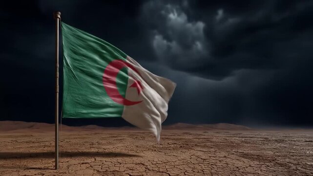 A flag waving in a desert landscape under a stormy sky, lightning flashes in the background