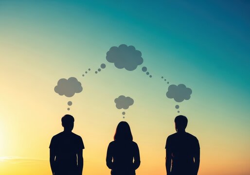 Silhouettes of three people standing against a colorful sunset sky, with thought bubbles connecting them, symbolizing communication and shared ideas