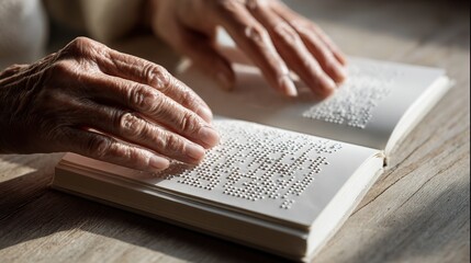 Naklejka premium Close-up of hands reading a Braille book on a wooden table, fingers tracing raised dots in soft natural light, symbolizing accessibility, literacy, and World Braille Day