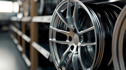 A close-up of new alloy wheels on a shelf, ready for installation. The focus highlights their sleek design and shine, promising an upgrade in both performance and aesthetics.
