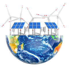 Renewable energy on Earth, solar panels and wind turbines. 3D rendering