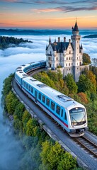 Train traveling along scenic route near castle in misty landscape  