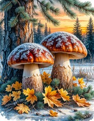 Snow-covered mushrooms in autumn forest with colorful leaves  