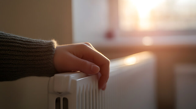 A hand rests on a warm radiator, seeking comfort from the cold. Sunlight streams in, offering a gentle promise of warmth and cozy indoor life. The image conveys peace and solace.
