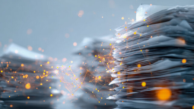 Modern office environment with extensive paper documents and digital data visualization, highlighting the integration of traditional and digital information management solutions