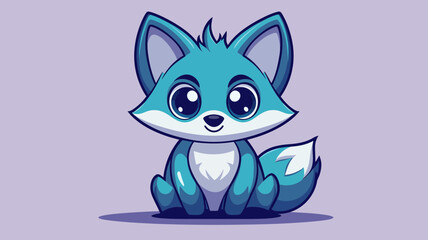 Adorable blue cartoon fox with big expressive eyes, sitting and looking forward, isolated on a soft purple background