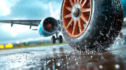 Landing gear water splash airport runway photography wet environment close-up view aviation dynamics