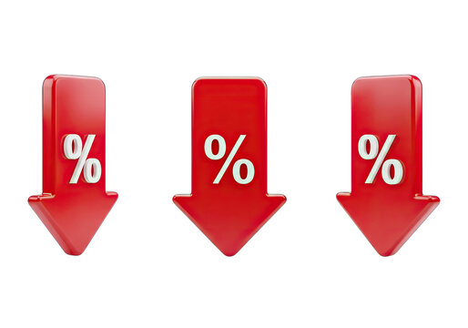 Three Red Downward Arrows With White Percentage Signs on a Transparent Background