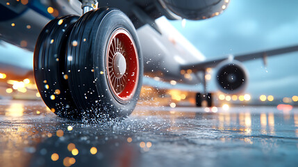 Aircraft landing gear splashes water at airport aviation photography dynamic environment close-up view travel concept