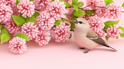 Fototapeta premium A delicate bird stands beside vibrant pink flowers on a soft background, showcasing nature's beauty and serenity.