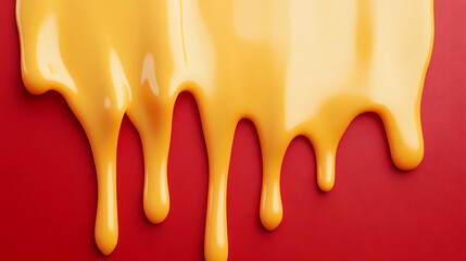 Golden liquid descends smoothly on a red background, showcasing a viscous flow and vibrant color contrast. Visual texture emphasizes the fluid's glossy finish.