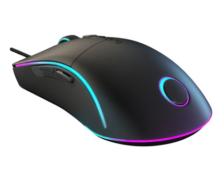 A sleek, modern black gaming mouse with vibrant rgb lighting, featuring a comfortable ergonomic design and customizable buttons, isolated on transparent background - Powered by Adobe