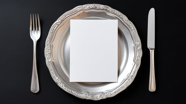 elegant silver plate with blank white card and cutlery on dark background
