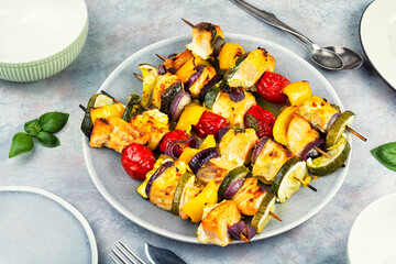 Seasoned salmon skewers.