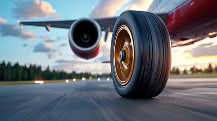 Aircraft landing close-up of jet tire on runway at sunset aviation photography dynamic environment low angle view