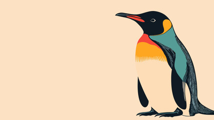 Stylized King Penguin Illustration with Warm Color Palette and Clean Lines.
