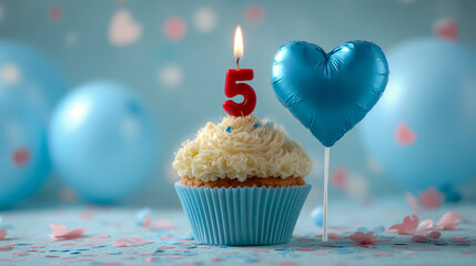 Celebration of a 5th birthday with a cupcake adorned by a lit number candle and a blue heart-shaped balloon against a festive, pastel-themed background with confetti and balloons