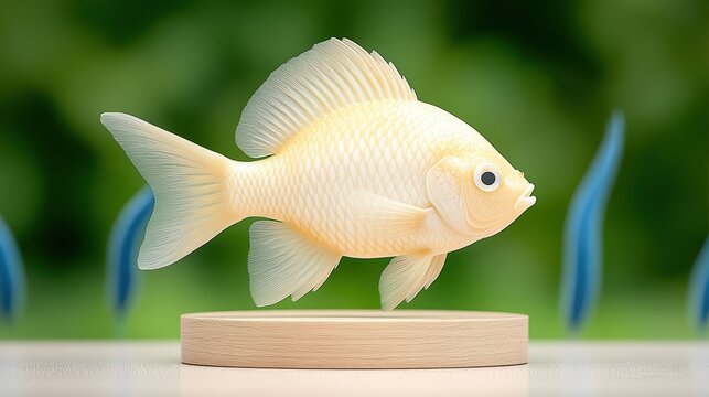 A 3D-rendered yellow fish on a wooden base, surrounded by green aquatic elements, showcasing its detailed fins and scales in a tranquil setting.