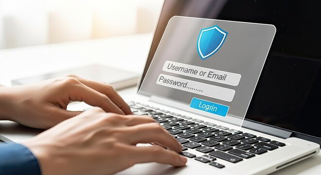 Typing Login Screen on Laptop with Security Shield User Authentication Access