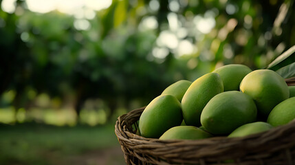 A bountiful harvest of vibrant, unripe mangoes overflows from a rustic woven basket, set against a verdant backdrop of lush trees, promising a refreshing, tangy treat.